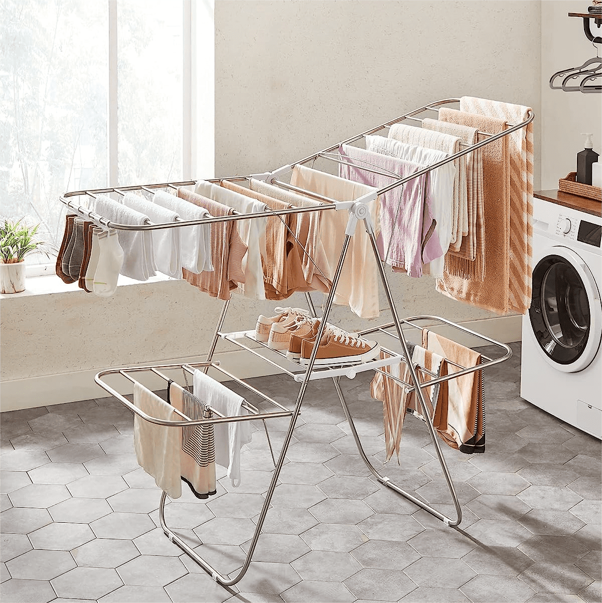 Clothes Drying Rails Frame SONGMICS Clothes Drying Rack Foldable 2-Level with 33 Rails - Walmart.com