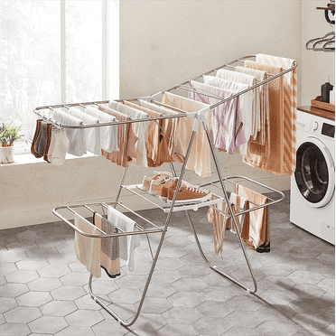 SONGMICS Clothes Drying Rack Foldable 2-Level Laundry Drying Rack with Height-Adjustable Wings Free-Standing 33 Drying Rails Sock Clips Silver and White