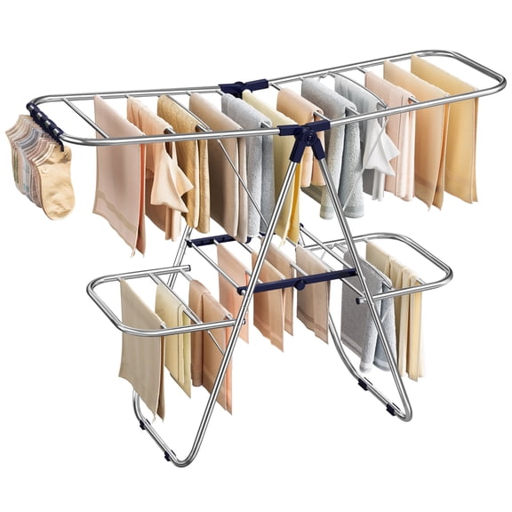 SONGMICS Clothes Drying Rack, Foldable Laundry Drying Rack, Sock Clips, Metal Clothes Airer with Height-Adjustable Gullwings, Space-Saving, Indoor Outdoor, 17 x 51.2 x 41.7 Inches, Blue