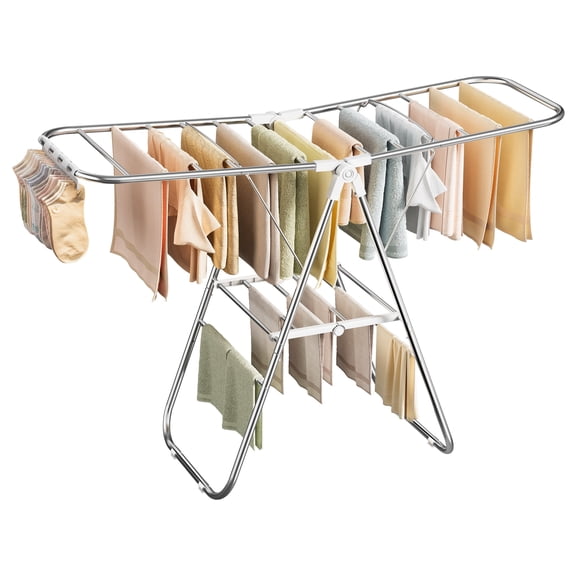 SONGMICS Clothes Drying Rack, Foldable Laundry Drying Rack, Sock Clips, Metal Clothes Airer with Height-Adjustable Gullwings, Space-Saving, Indoor Outdoor, 17 x 51.2 x 39 Inches, White