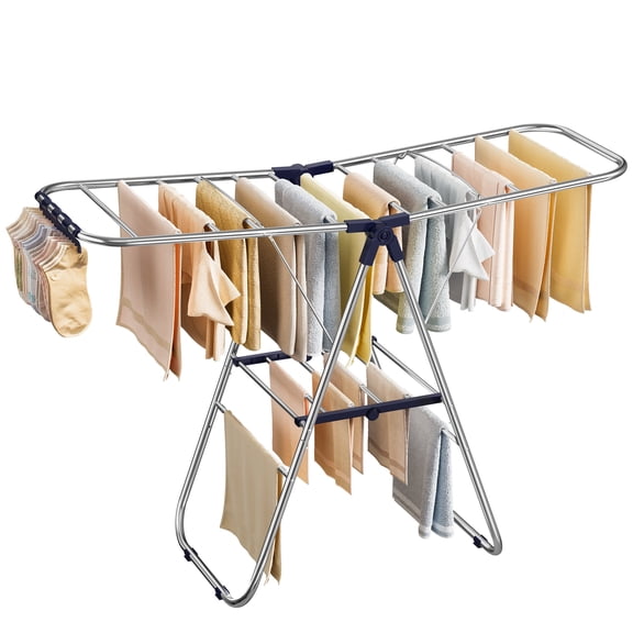 SONGMICS Clothes Drying Rack, Foldable Laundry Drying Rack, Sock Clips, Metal Clothes Airer with Height-Adjustable Gullwings, Space-Saving, Indoor Outdoor, 17 x 51.2 x 39 Inches, Blue