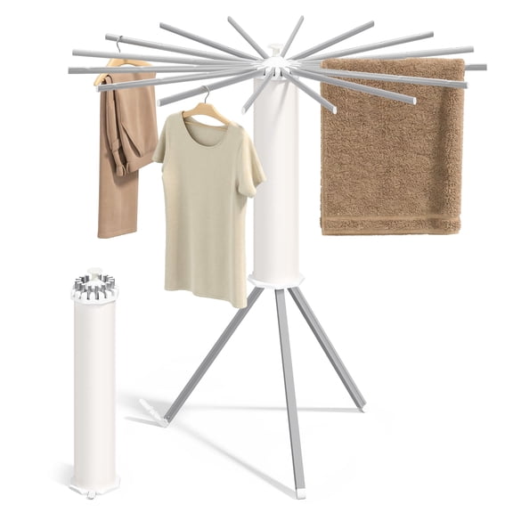 SONGMICS Clothes Drying Rack Foldable, Rotary Tripod, Portable Floor Standing Clothes Airer, 16 Pull-Out Aluminum Alloy Arms, Silver