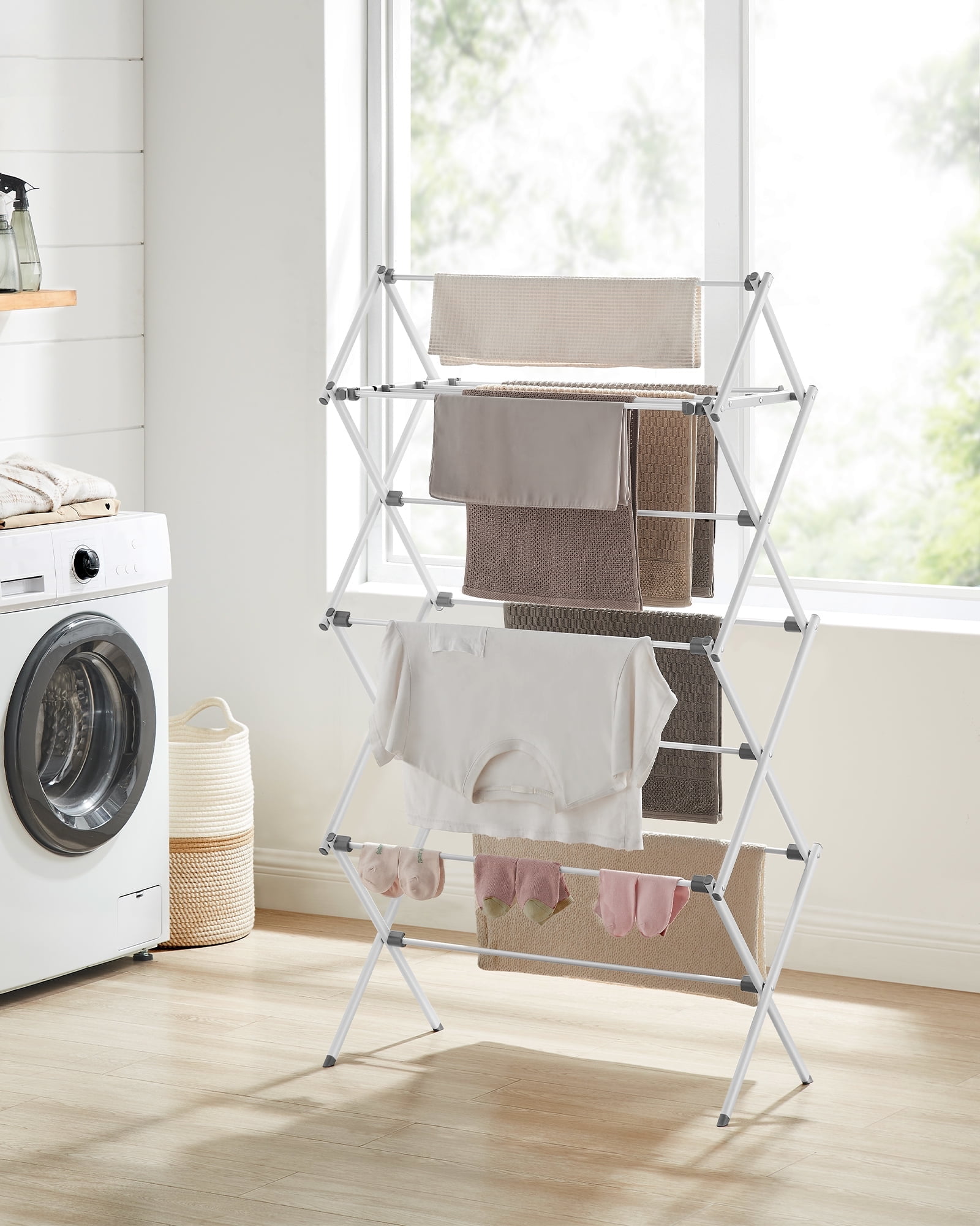 Foldable White Steel Frame Clothes Drying Rack