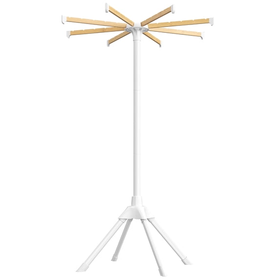 SONGMICS Clothes Drying Rack, with Bamboo Hanging Rods, Foldable Metal Laundry Rack, Space-Saving, Free-Standing Airer, Indoor Use, White and Natural