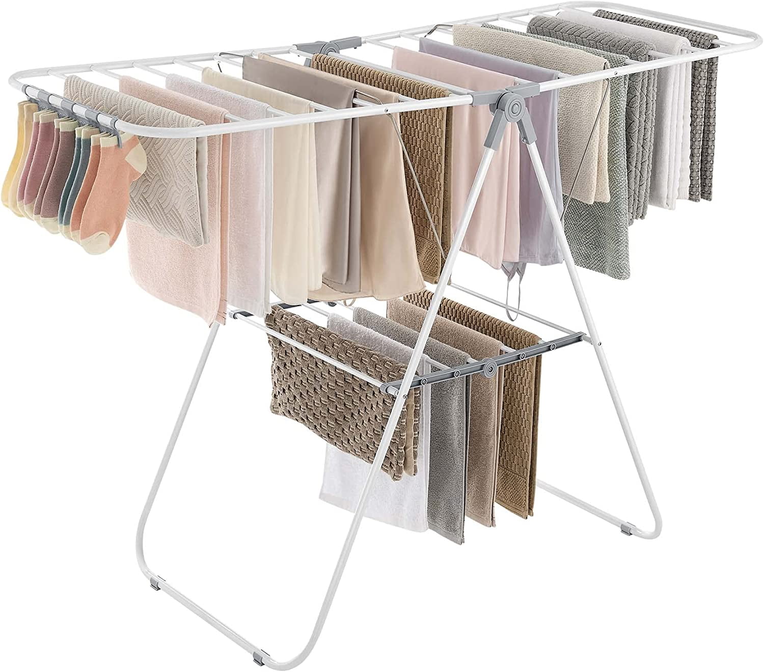  TOOLF Clothes Drying Rack, Aluminum Foldable 2-Level Drying  Racks , Large Laundry Stand with Height-Adjustable Gullwings, Clips Hooks  for Bed Linen, Clothing, Socks, Scarves : Home & Kitchen