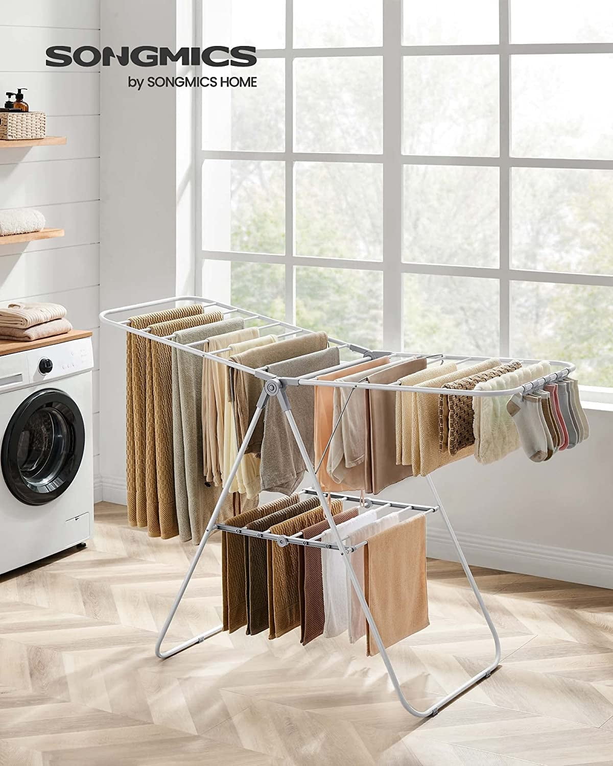 SONGMICS Clothes Drying Rack with Sock Clips Foldable Laundry Rack with Height Adjustable Gullwings Space Saving White and Gray