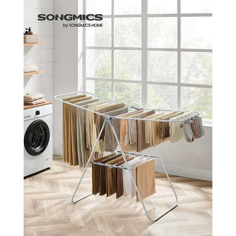 SONGMICS Clothes Drying Rack with Sock Clips Foldable Laundry Rack with Height Adjustable Gullwings Space Saving White and Gray