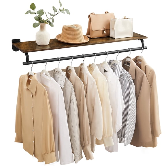 SONGMICS Clothes Rack with Top Shelf, Wall Mounted Clothing Rack, with Hanging Rod, Loads up to 132 lb, Rustic Brown and Ink Blac