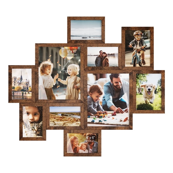 SONGMICS Collage Photo Frames, 10 Multi Picture Frames for Wall, Two 8x10 Inches, Four 5x7 Inches, Four 4x6 Inches, Tool-Free Assembly, Rustic Brown