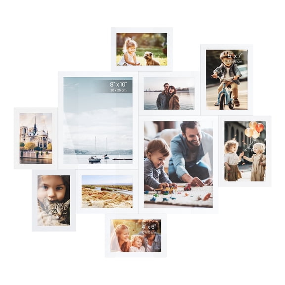 SONGMICS Collage Photo Frames, 10 Multi Picture Frames for Wall, Two 8x10 Inches, Four 5x7 Inches, Four 4x6 Inches, Tool-Free Assembly, White