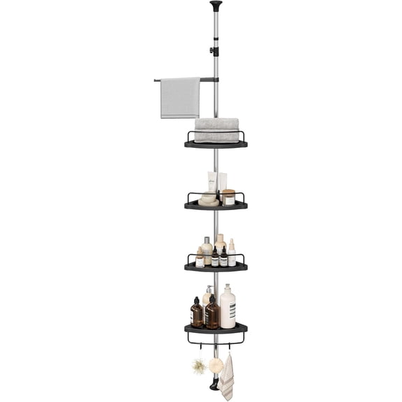 SONGMICS Corner Shower Caddy Tension Pole, 4-Tier Rust-Resistant Organizer, Shelf, Drill-Free, 35.8 to 118.1 Inches, Height Adjustable Trays, for Bathroom, Ink Black UBCB008B01