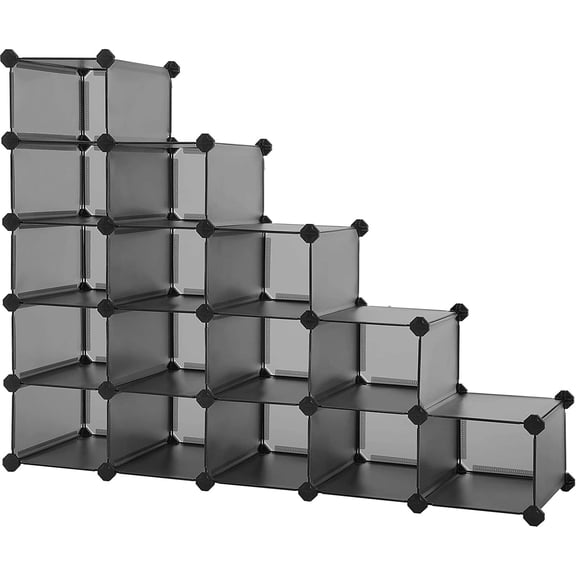 SONGMICS Shoe Rack with 16 Cubes, Interlocking Plastic Shoe Organizer, DIY Storage Cabinet for Closet Entryway Bedroom Garage, Space Saving Design, 12 x 35.1 x 27.2 Inches, Grey