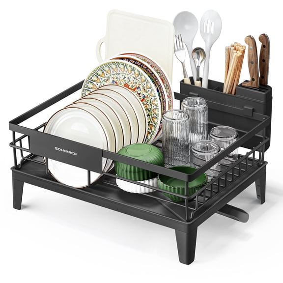 SONGMICS Dish Drying Rack, Kitchen Dish Rack, with Drainboard, 360 Rotatable and Extendable Spout, with Cutlery Holder, 31 x 42 x 18.5 cm, Ink Black