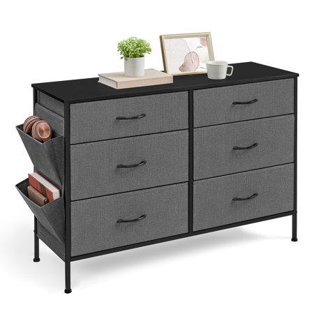 SONGMICS 6-Drawer Dresser for Bedroom, Chest of Drawers with Side Pockets, Drawer Dividers, Fabric Storage Organizer for Closet, 13.8 x 42.1 x 28.3 Inches, Charcoal Gray and Slate Gray