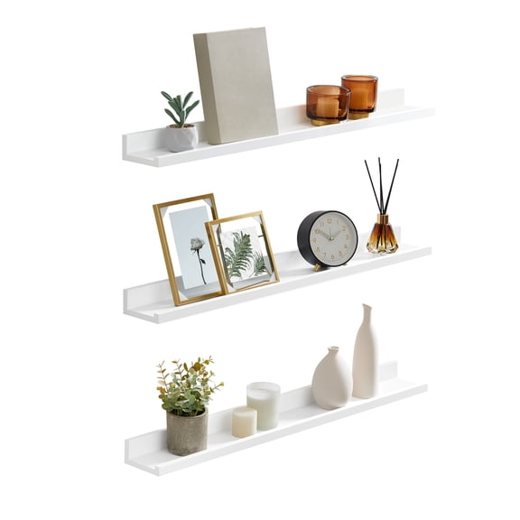 SONGMICS Floating Shelves, Set of 3 Wall Shelves, 31.5-Inch Wide, for Photo Frames and Trinkets, for Living Room, Home Office, Kitchen, Bathroom, Matte White