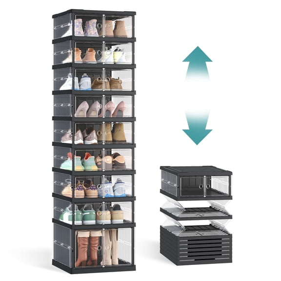 SONGMICS Foldable Shoe Storage Organizer, Stackable Sneaker Cabinet with Magnetic Door, Large Plastic Container Bins, Transparent and Ink Black