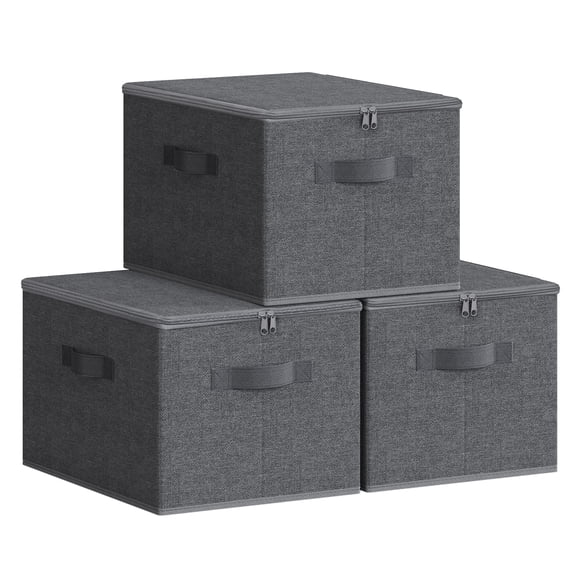 SONGMICS Foldable Storage Organizer Boxes, Set of 3 Storage Basket Bins with Lids, Handles, Clothes Organizer, Non-Woven Fabric, Slate Gray
