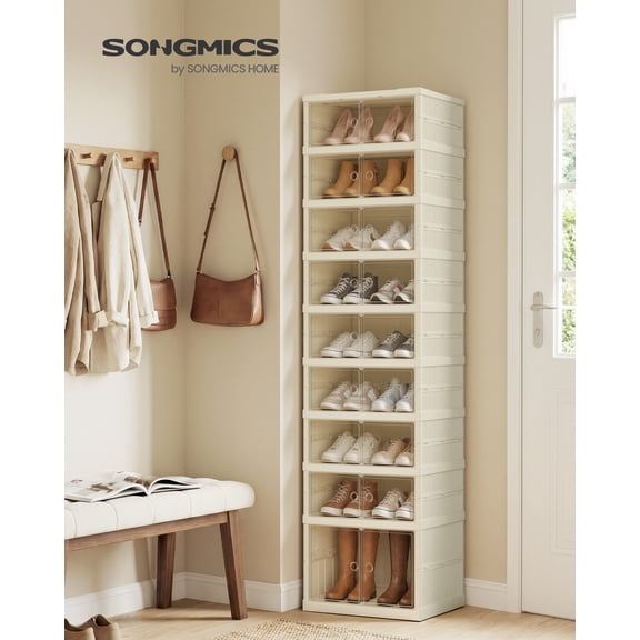 SONGMICS Foldble Shoe Storage Organizer for Closet, Stackable Sneaker Cabinet with Magnetic Door, Large Plastic Container Bins, 9-Tier, Cream White