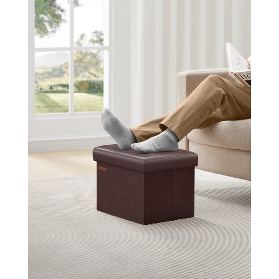 SONGMICS Folding Storage Ottoman Footstool Cube Footrest Synthetic Leather 286 lb Capacity for Living Room, Bedroom, Dorm, Chestnut Brown