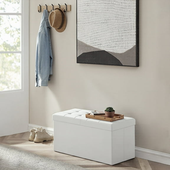 SONGMICS Folding Storage Ottoman, Storage Bench, Footrest Stool, 15 x 30 x 15 Inches, for Entryway, Living Room, Bedroom, White