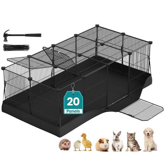 SONGMICS Guinea Pig Cage, Rabbit Cage, Small Animal Playpen with Waterproof Mat, Top and Side Door, 20 Panels, 48.4 x 24.8 x 16.3 Inches, Ink Black