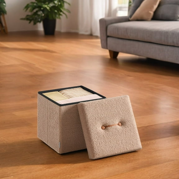 SONGMICS HOME 15" Small Storage Ottoman Bench Ottoman Foots Rest Stool Load up to 660 lb for Living Room Bedroom Camel Brown