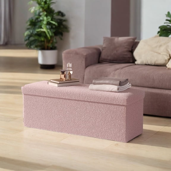 SONGMICS HOME 43" Storage Ottoman Bench Folding Ottoman with Storage Load up to 660 lb for Living Room Bedroom Jelly Pink