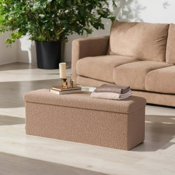 SONGMICS HOME 43" Storage Ottoman Bench Folding Ottoman with Storage Teddy Ottoman Load up to 660 lb for Living Room Bedroom Camel Brown