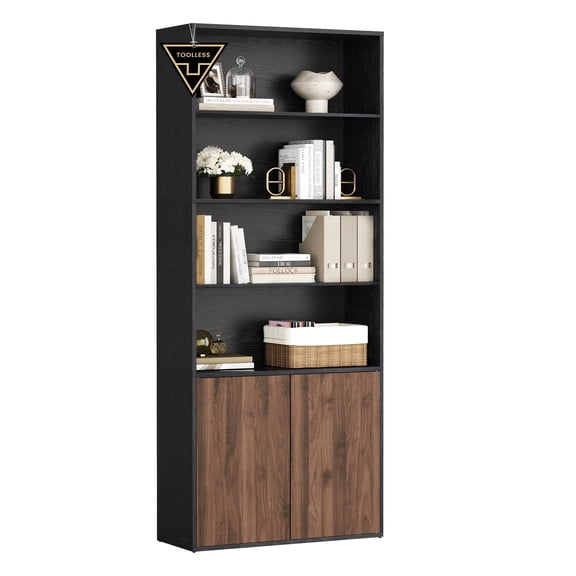 SONGMICS HOME 6-Tier Floor Standing Bookcase, Superfast Toolless Assembly, with Adjustable Shelves and Door, Ebony Black and Natural Walnut