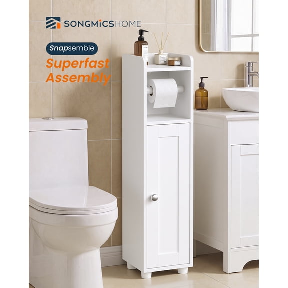 SONGMICS HOME Bathroom Storage Cabinet, Narrow, Tool-Free Assembly Slim Bathroom Cabinet, 7.9 x 7.9 x 31.9 in, Toilet Paper Storage, Cloud White