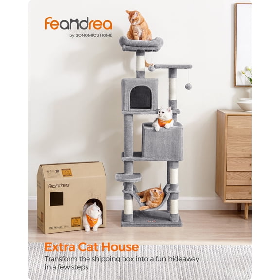 SONGMICS HOME Cat Tree Tower - 61-Inch Multi-Level Cat Condo with Scratching Posts, Perches, Hammock, Caves & Toys, Light Grey