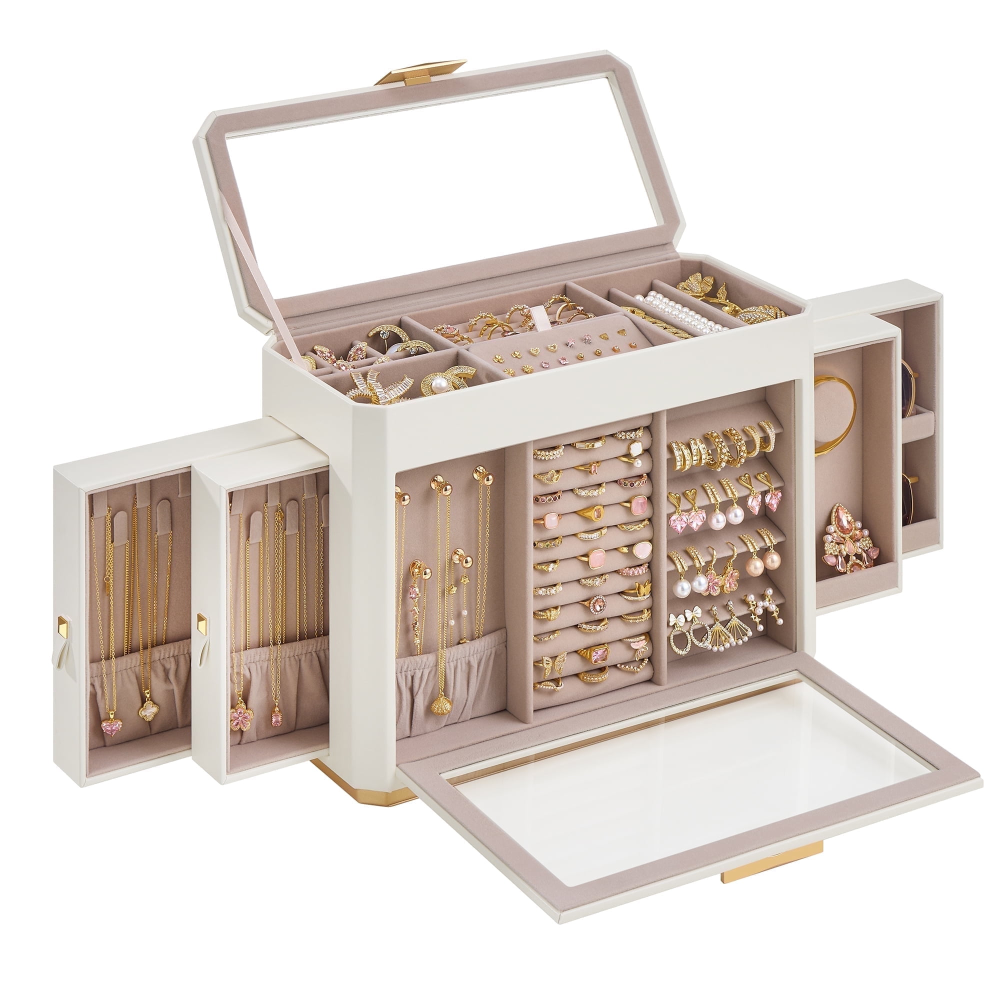 Large Cloud White PU Leather Jewelry Box with Glass Windows
