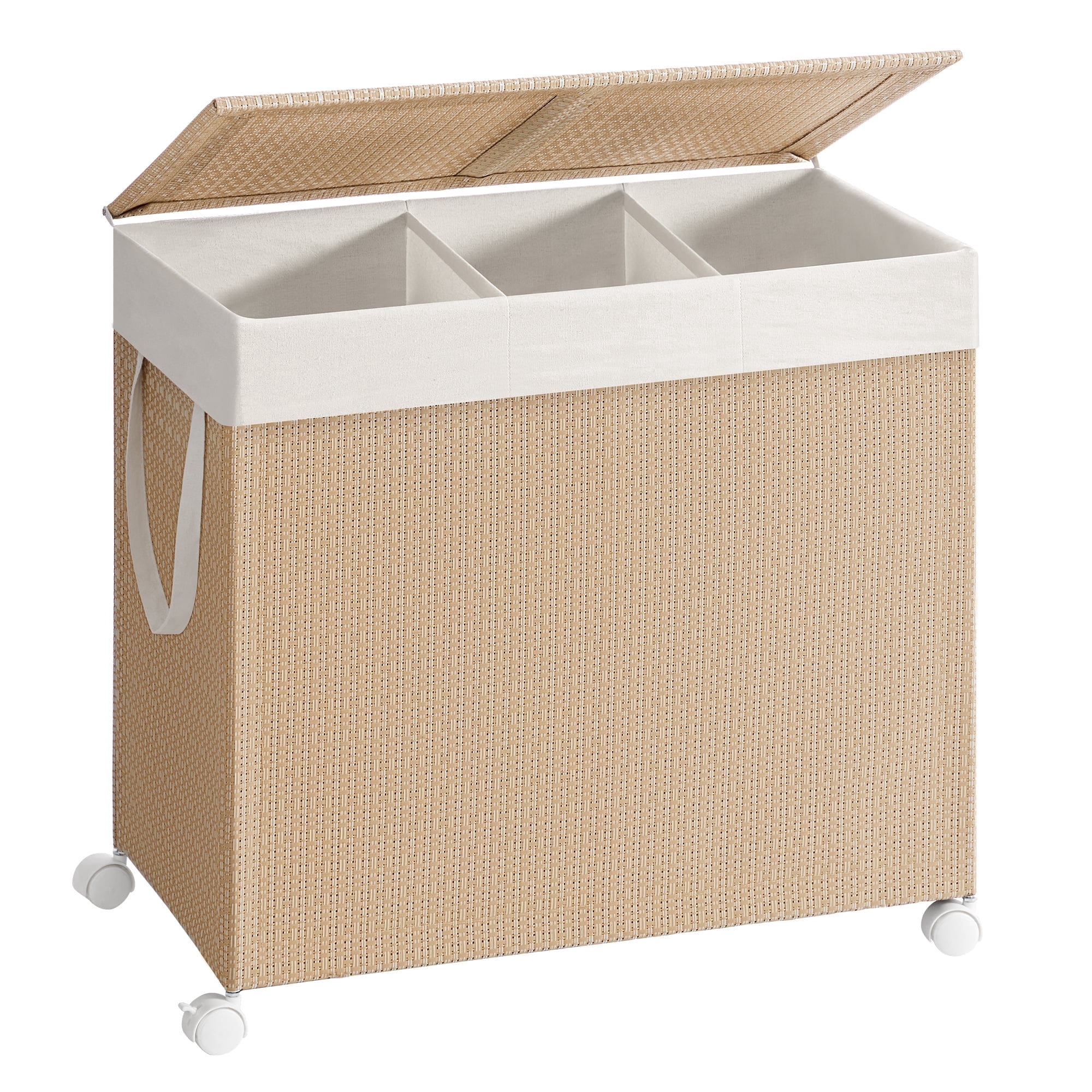 SONGMICS HOME Laundry Hamper with 3 Section, Large 140 L, Rolling, with Wheels and Lid, Removable Liner with Handles, Natural Beige and Matte White