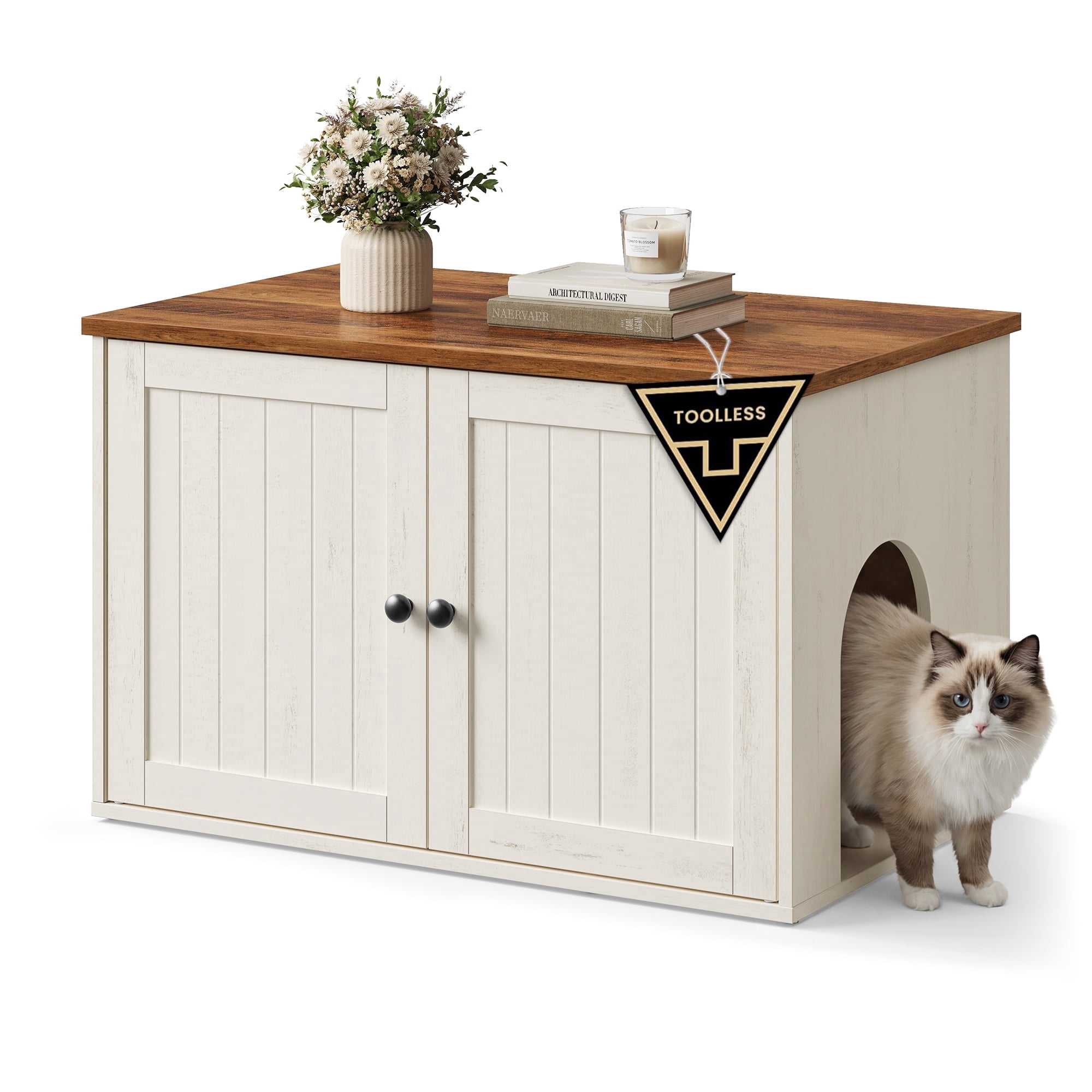 SONGMICS HOME Litter Box Enclosure, Superfast Toolless Assembly, Cat Washroom Furniture, Push-to-Open Doors, Cat House, Rustic White and Honey Brown