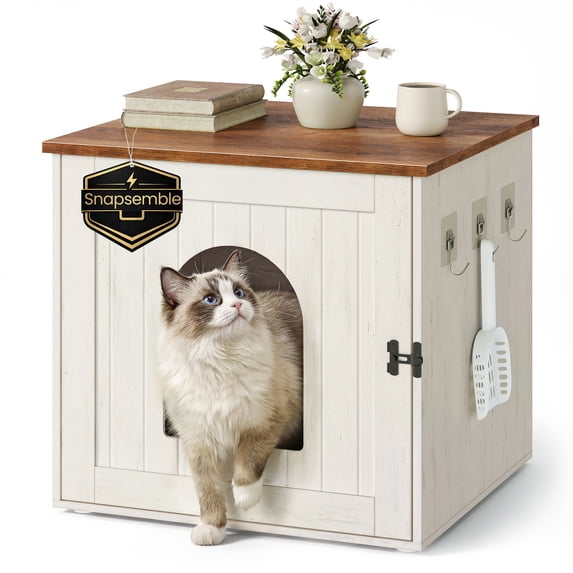 SONGMICS HOME Litter Box Enclosure, Superfast Toolless Assembly, Cat Washroom, Push-to-Open Doors, Cat House, Cloud White and Warm Earth Brown