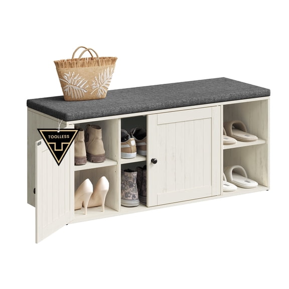 SONGMICS HOME Storage Bench, Superfast Toolless Assembly, Shoe Rack Cabinet with Door & Adjustable Shelf, Rustic White and Slate Gray