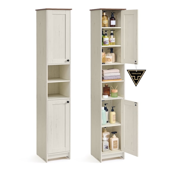 SONGMICS HOME Storage Cabinet, Superfast Toolless Assembly, Slim Tall Standing Cabinet with Adjustable Shelves, Open Compartments, Rustic White