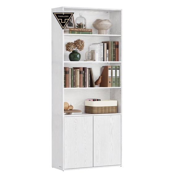 SONGMICS HOME Tall Book Shelf, Superfast Toolless Assembly, 6-Tier Floor Standing Bookcase with Adjustable Shelves and Door, Snow White