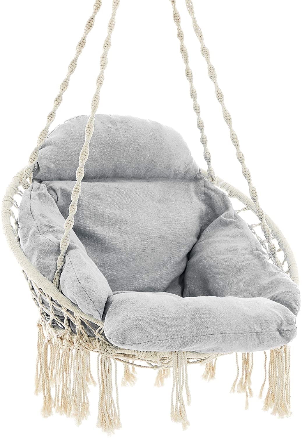 Boho White and Gray Hanging Chair with Cushions