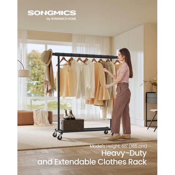 SONGMICS Clothes Rack with Wheels, Heavy-Duty Clothing Rack for Hanging Clothes, Portable, 17.7 x (36.2-52) x 63.6 Inches, with Extendable Rail, 220 lb Load Capacity, Black