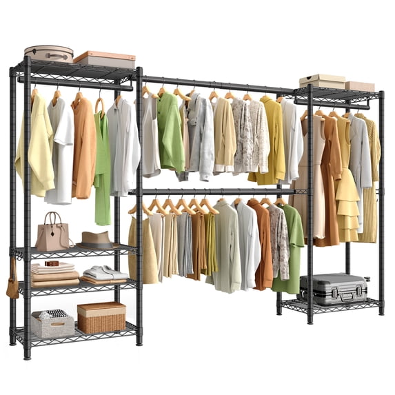 SONGMICS Heavy-Duty Clothes Rack, Extendable Garment Rack, Portable Closet with Adjustable Mesh Shelves and Hanging Rails, Hooks, Ink Black