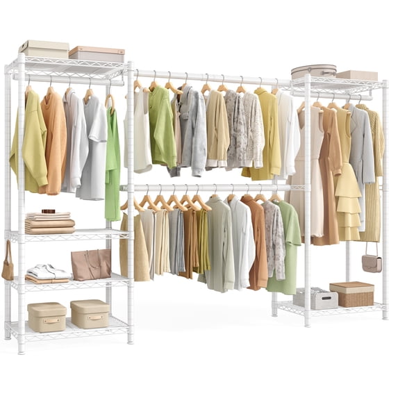 SONGMICS Heavy-Duty Clothes Rack, Extendable Garment Rack, Portable Closet with Adjustable Mesh Shelves and Hanging Rails, Hooks, White