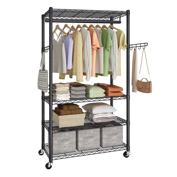 SONGMICS Heavy-Duty Rolling Clothes Rack, Garment Rack, Portable Closet on Wheels, with Adjustable Mesh Shelves and Hanging Rails, Hooks, Ink Black