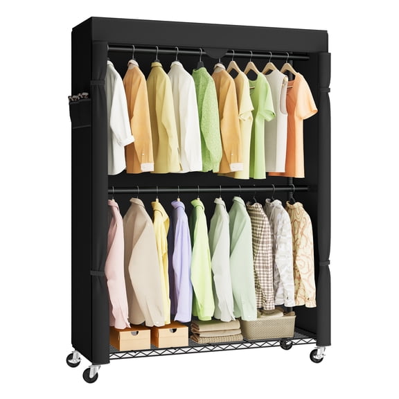 SONGMICS Heavy-Duty Rolling Clothes Rack, Portable Closet with Wheels, with Adjustable Mesh Shelves and Hanging Rails, Fabric Cover, Ink Black