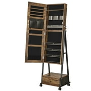 SONGMICS Jewelry Armoire Floor Standing Lockable Jewelry Organizer Armoire Box with High Full-Length Mirror Bottom Drawer Shelf Rustic Brown and Black