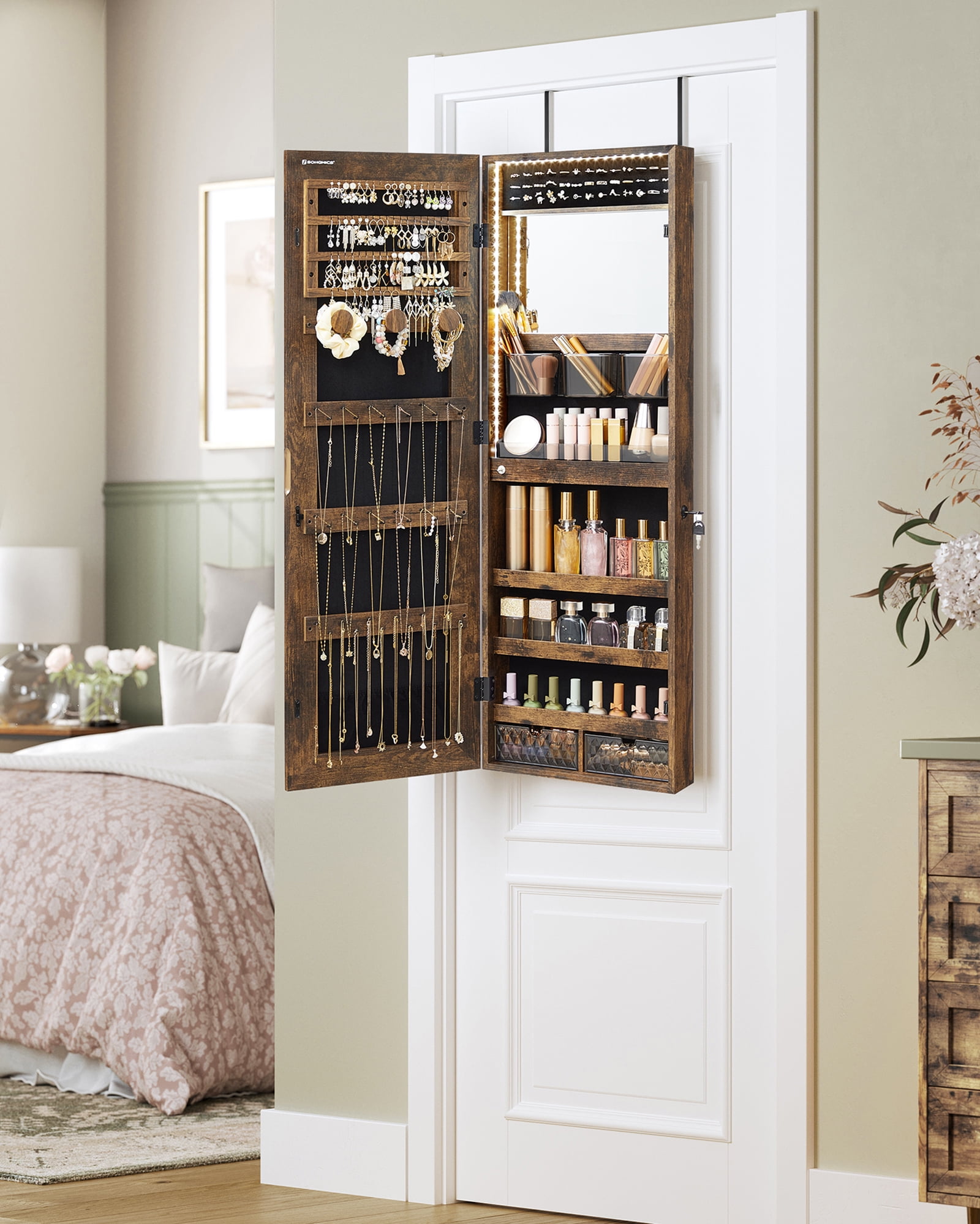 SONGMICS Jewelry Cabinet Armoire Jewelry Organizer Storage Holder for Women Rustic Brown Women s Size Medium