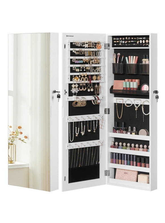 SONGMICS Jewelry Cabinet Lockable Wall-Mounted Jewelry Organizer Armoire Unit with 2 Plastic Cosmetic Storage Trays Full-Length Frameless Mirror White