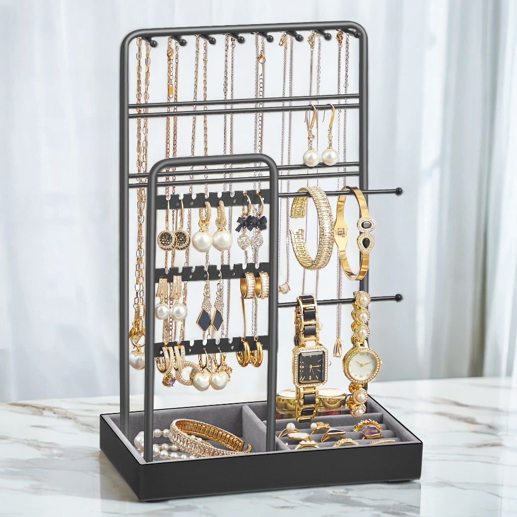 Black Metal Jewelry Display Stand with Velvet Tray