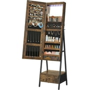 SONGMICS LED Jewelry Cabinet Standing Lockable Jewelry Armoire with Full-Length Mirror Space-Saving Jewelry Organizer Box with Mirror Bottom Drawer and Shelf Gift Idea Rustic Brown