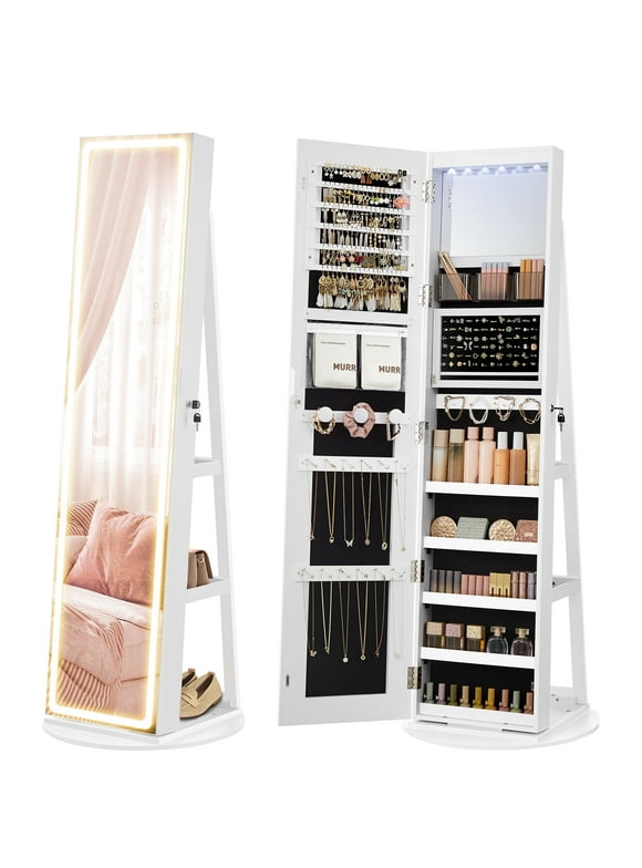 SONGMICS LED Mirror Jewelry Cabinet Standing Jewelry Armoire Organizer Box with Full-Length Mirror and Adjustable LED Lights White